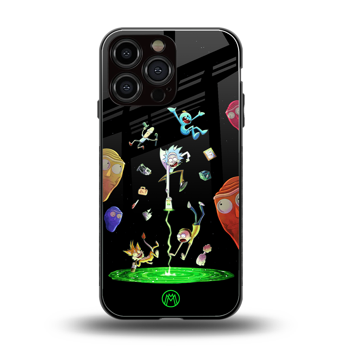 rick and morty amoled back phone cover | glass case for iphone 16 pro max