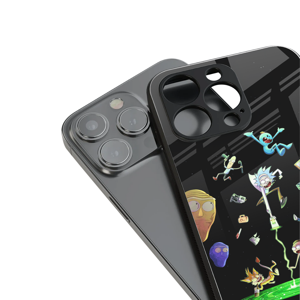 rick and morty amoled back phone cover | glass case for iphone 15 plus