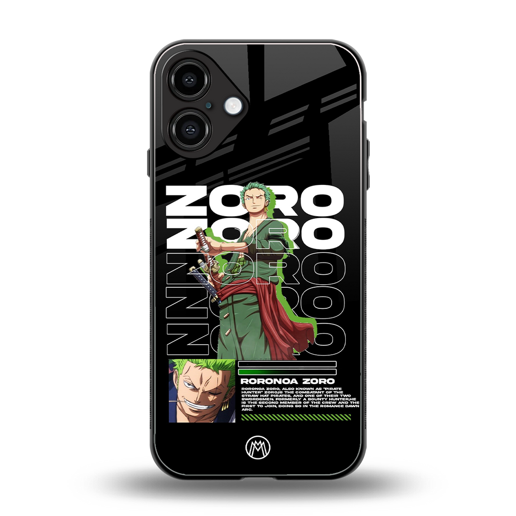 roronoa zoro back phone cover | glass case for iphone 16 plus