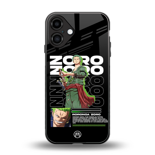roronoa zoro back phone cover | glass case for iphone 16 plus