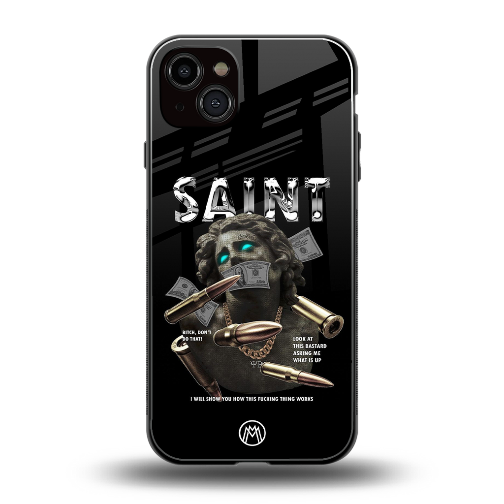 saint back phone cover | glass case for iphone 15 plus