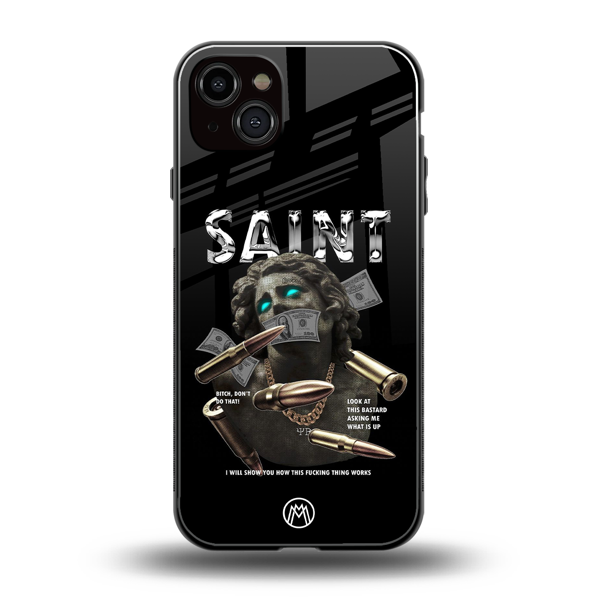 saint back phone cover | glass case for iphone 15 plus