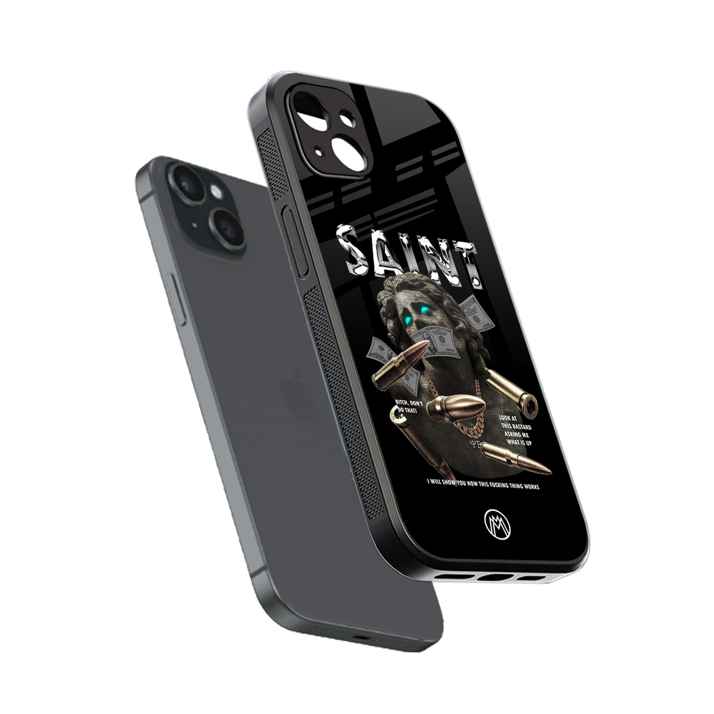 saint back phone cover | glass case for iphone 14 plus