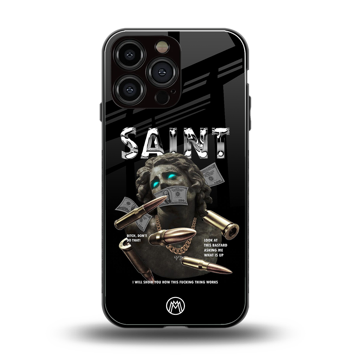 saint back phone cover | glass case for iphone 15 pro max