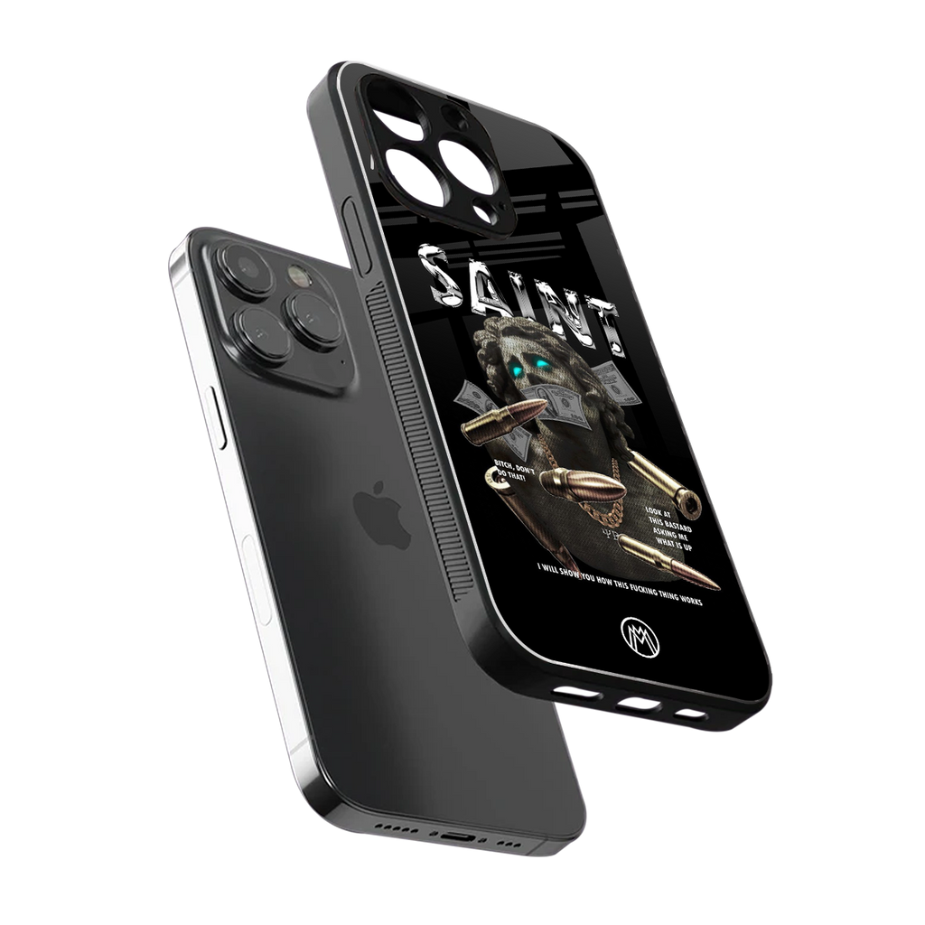 saint back phone cover | glass case for iphone 15 pro max