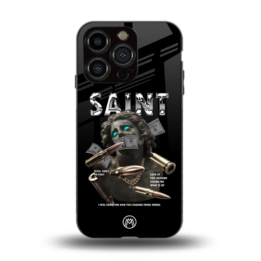 saint back phone cover | glass case for iphone 15 pro