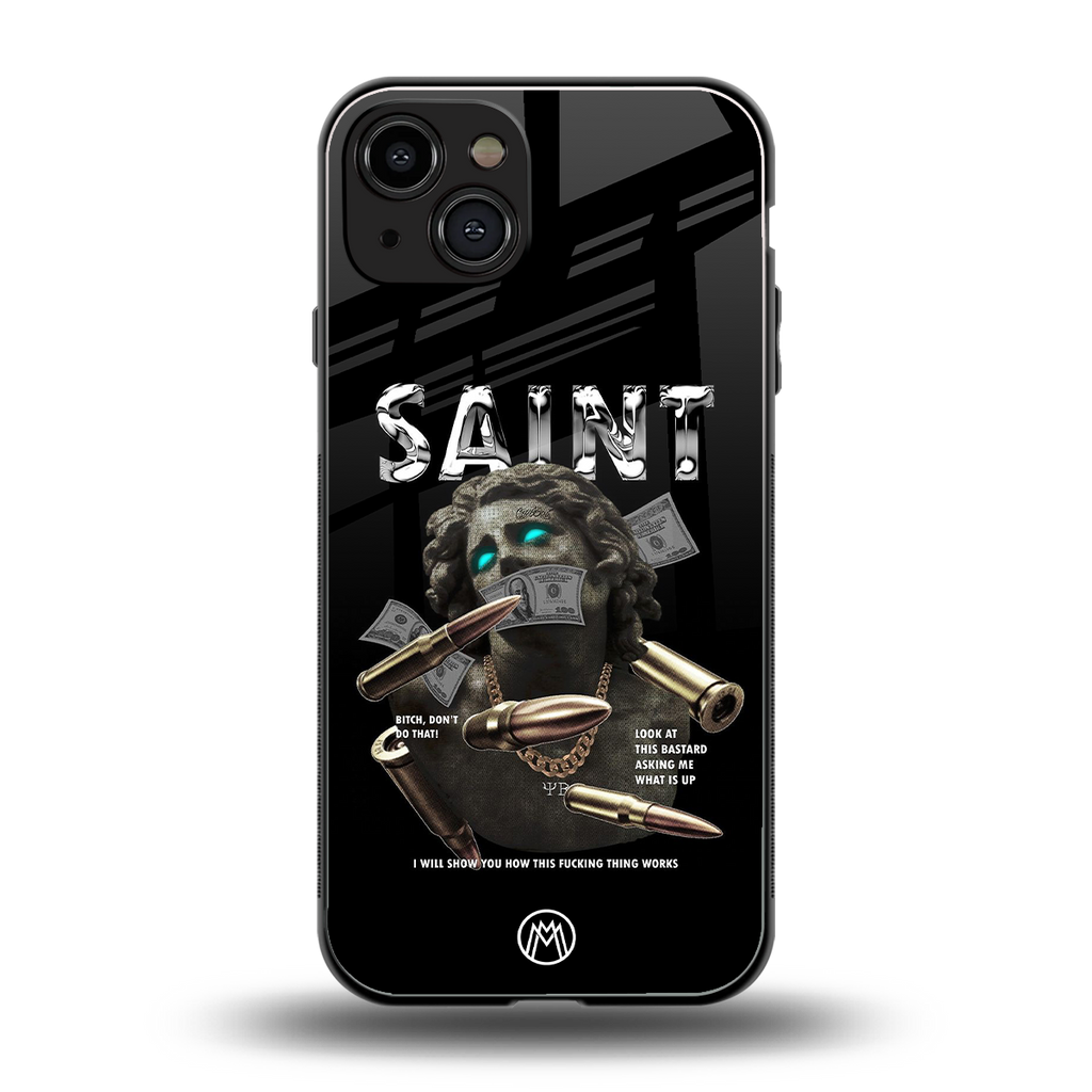 saint back phone cover | glass case for iphone 15