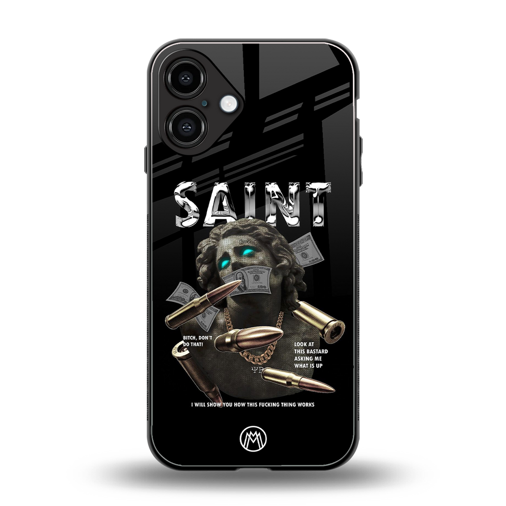 saint back phone cover | glass case for iphone 16 plus