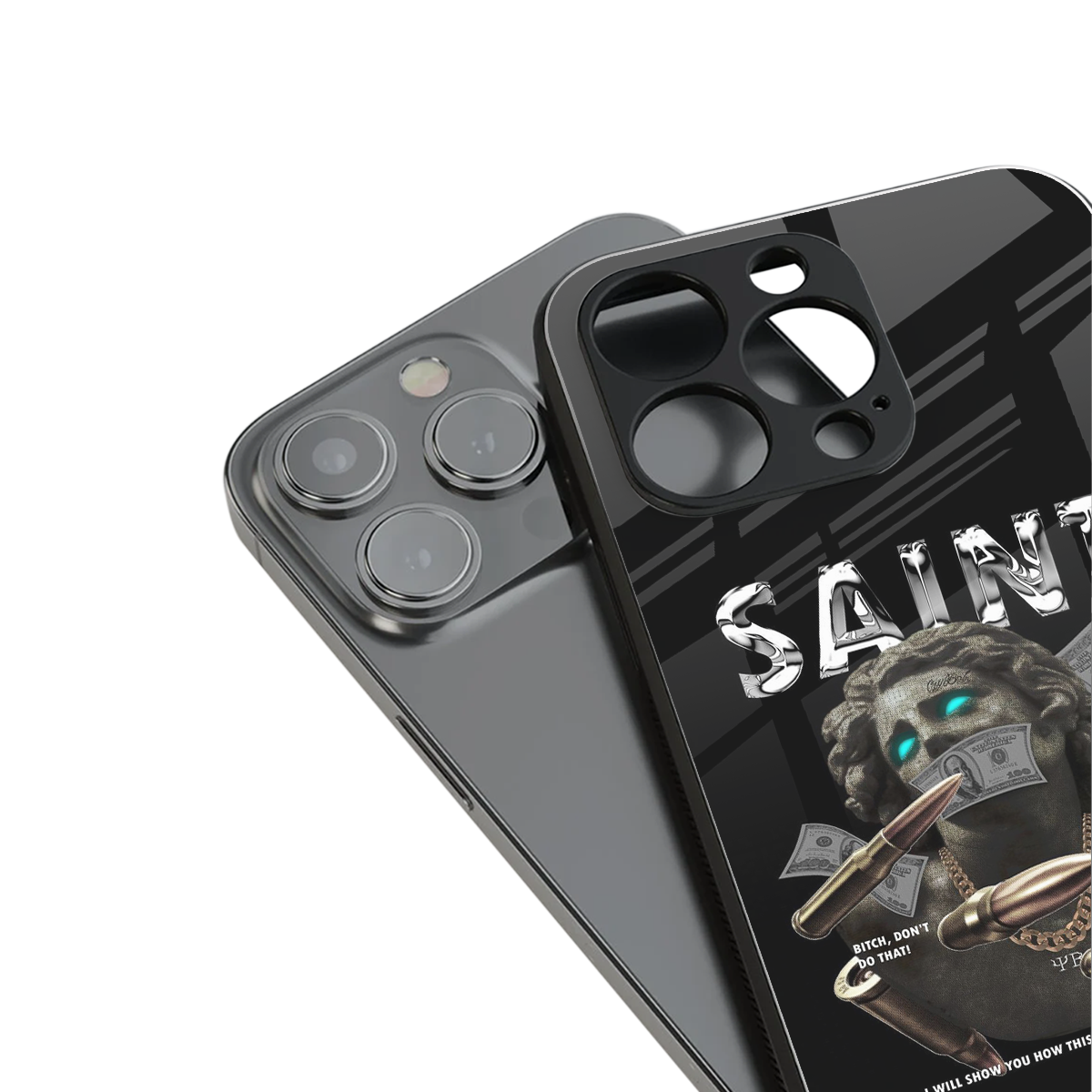 saint back phone cover | glass case for iphone 15 pro