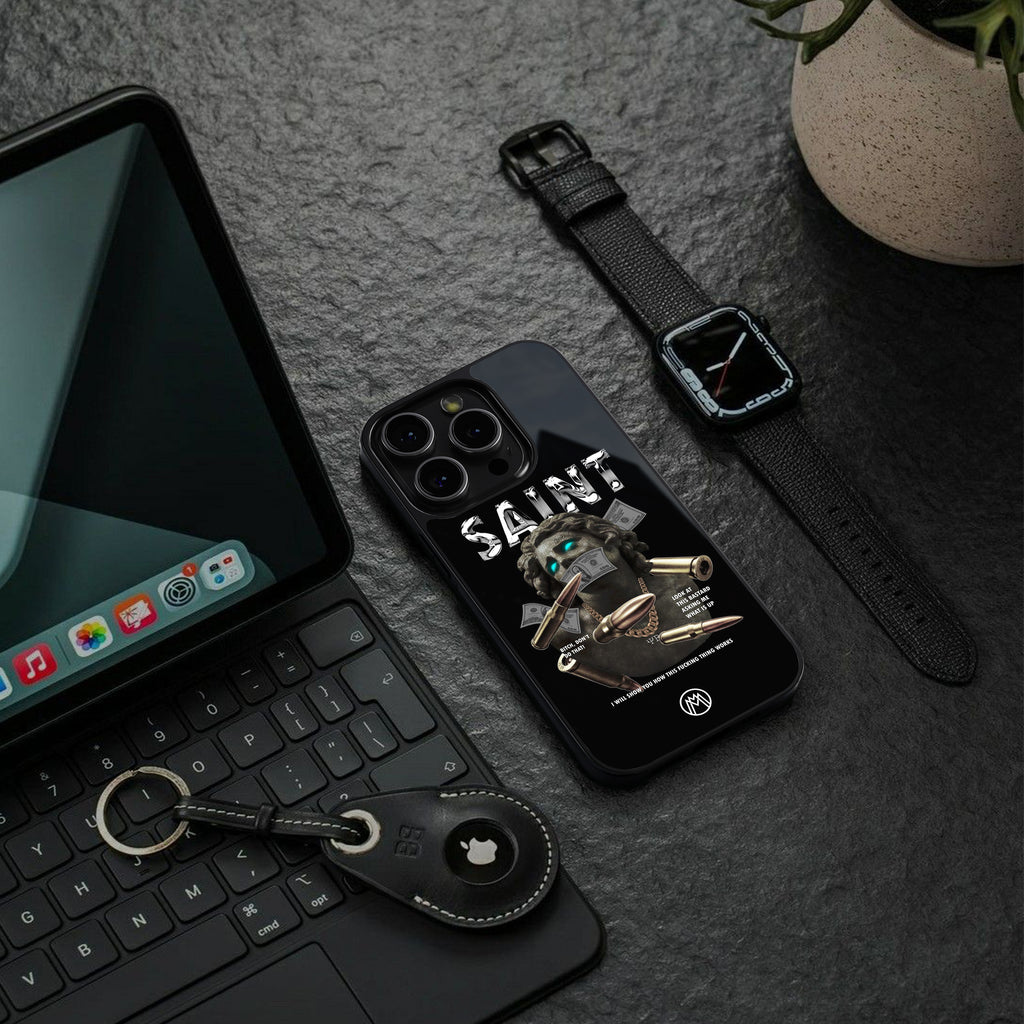 saint back phone cover | glass case for iphone 16 pro