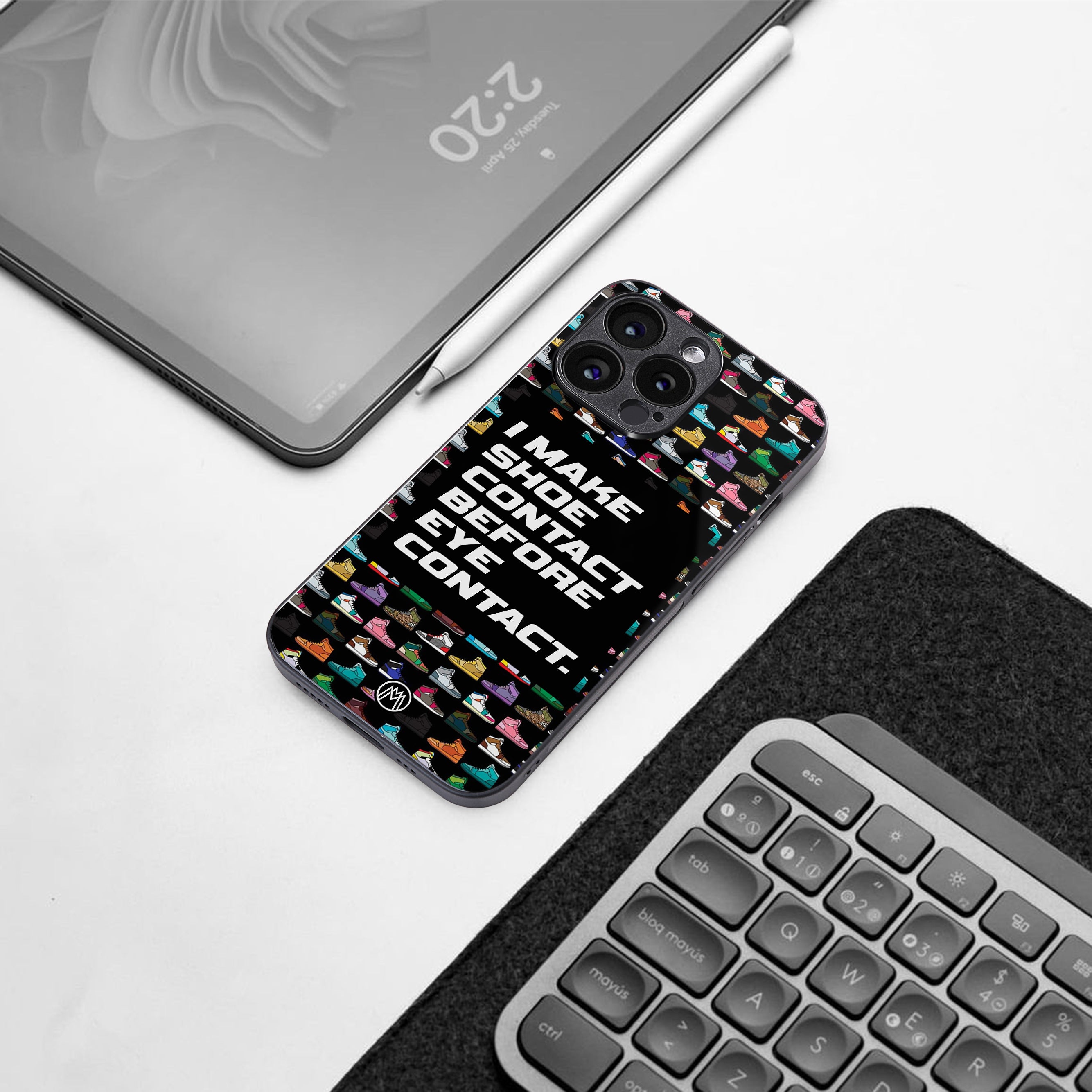 shoe contact back phone cover | glass case for iphone 15