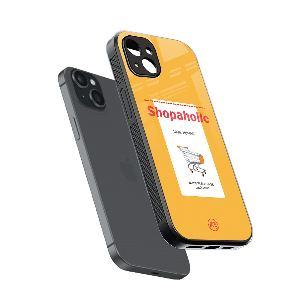 shopaholic back phone cover | glass case for iphone 15 plus