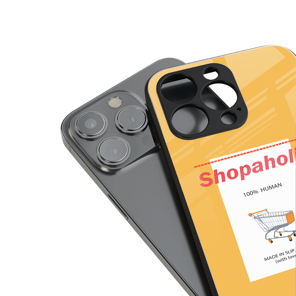 shopaholic back phone cover | glass case for iphone 16 plus