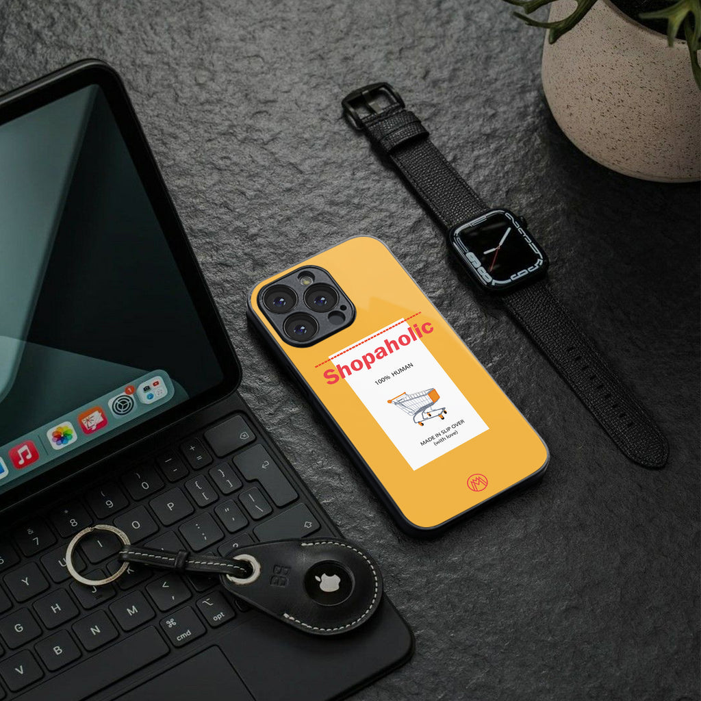 shopaholic back phone cover | glass case for iphone 16 pro max