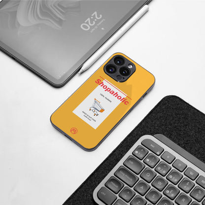 shopaholic back phone cover | glass case for iphone 15 pro