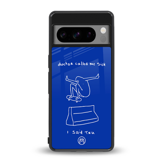 sick skateboarder blue doodle back phone cover | glass case for google pixel 8 pro