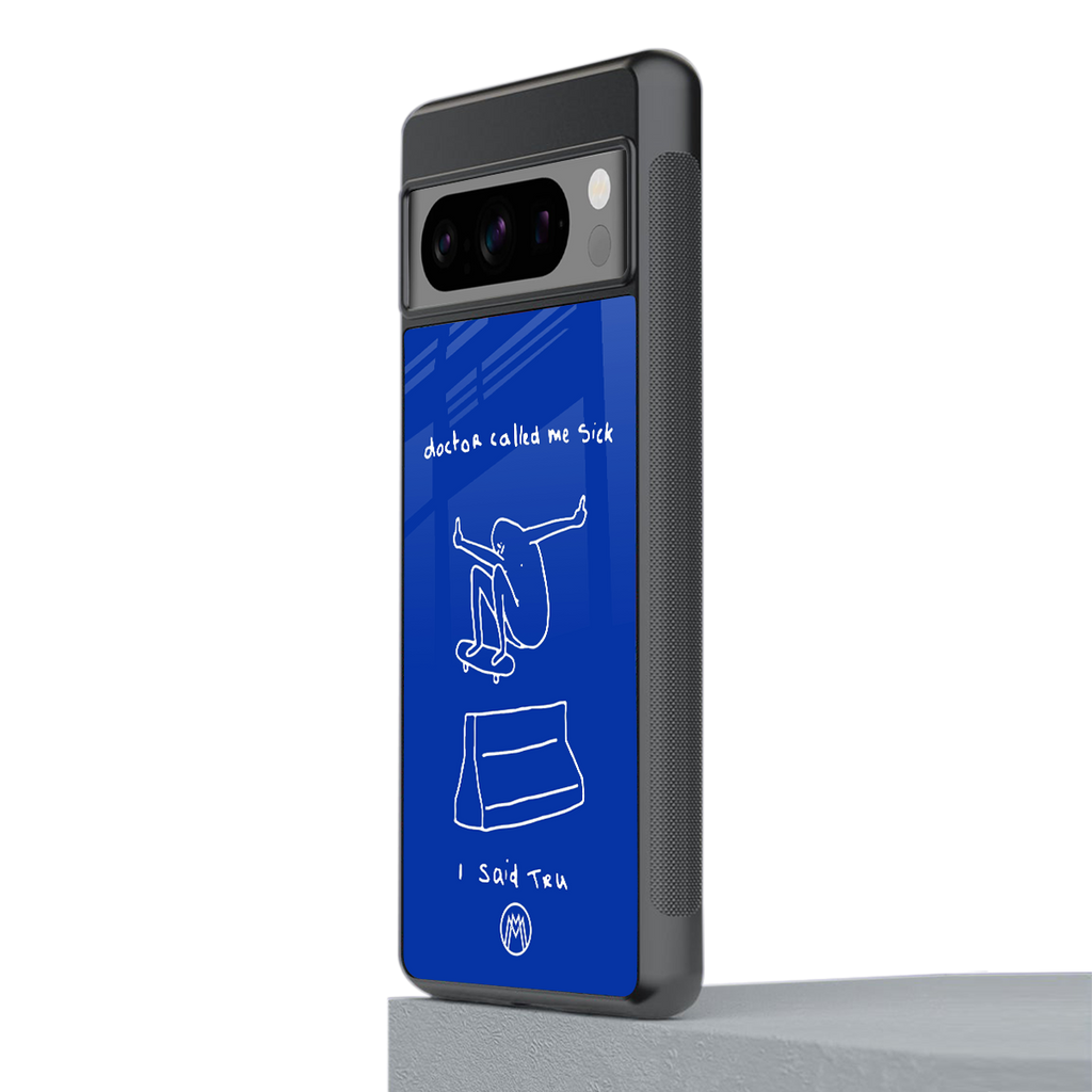 sick skateboarder blue doodle back phone cover | glass case for google pixel 8 pro