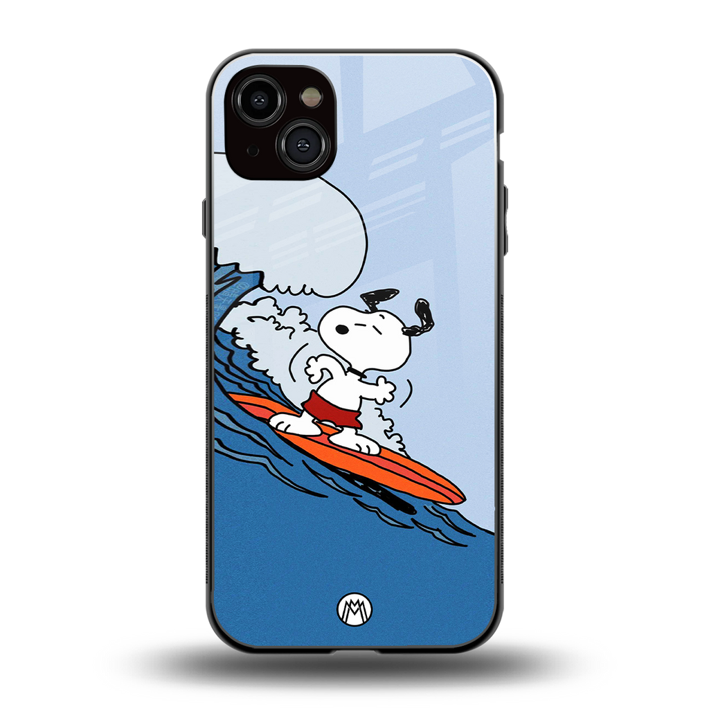 snoopy surfing back phone cover | glass case for iphone 15 plus