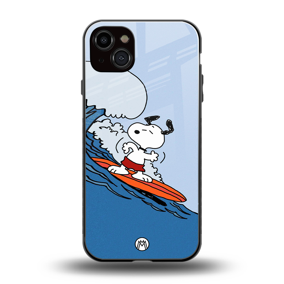 snoopy surfing back phone cover | glass case for iphone 15 plus
