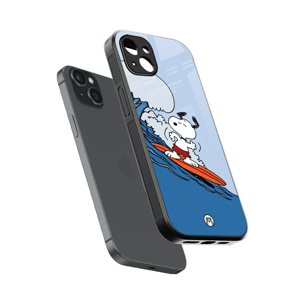 snoopy surfing back phone cover | glass case for iphone 15 plus