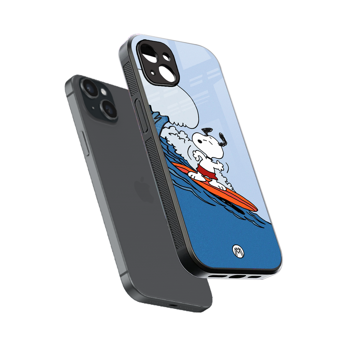 snoopy surfing back phone cover | glass case for iphone 15 plus