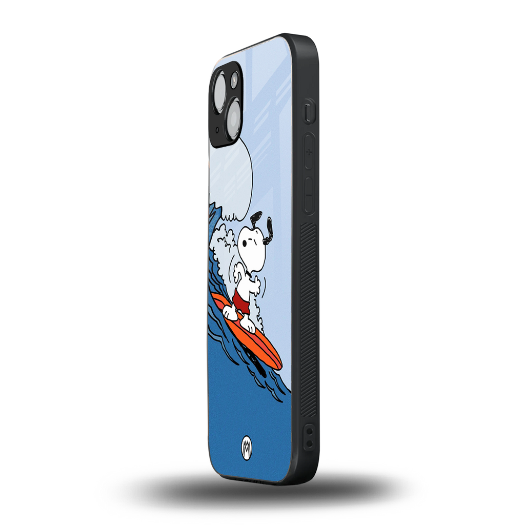 snoopy surfing back phone cover | glass case for iphone 15 plus