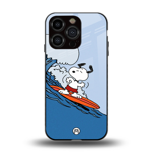 snoopy surfing back phone cover | glass case for iphone 15 pro