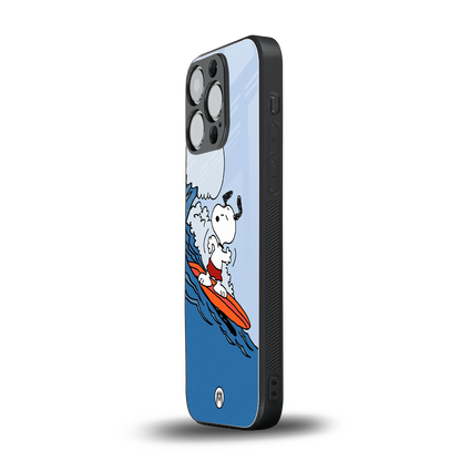 snoopy surfing back phone cover | glass case for iphone 15 pro