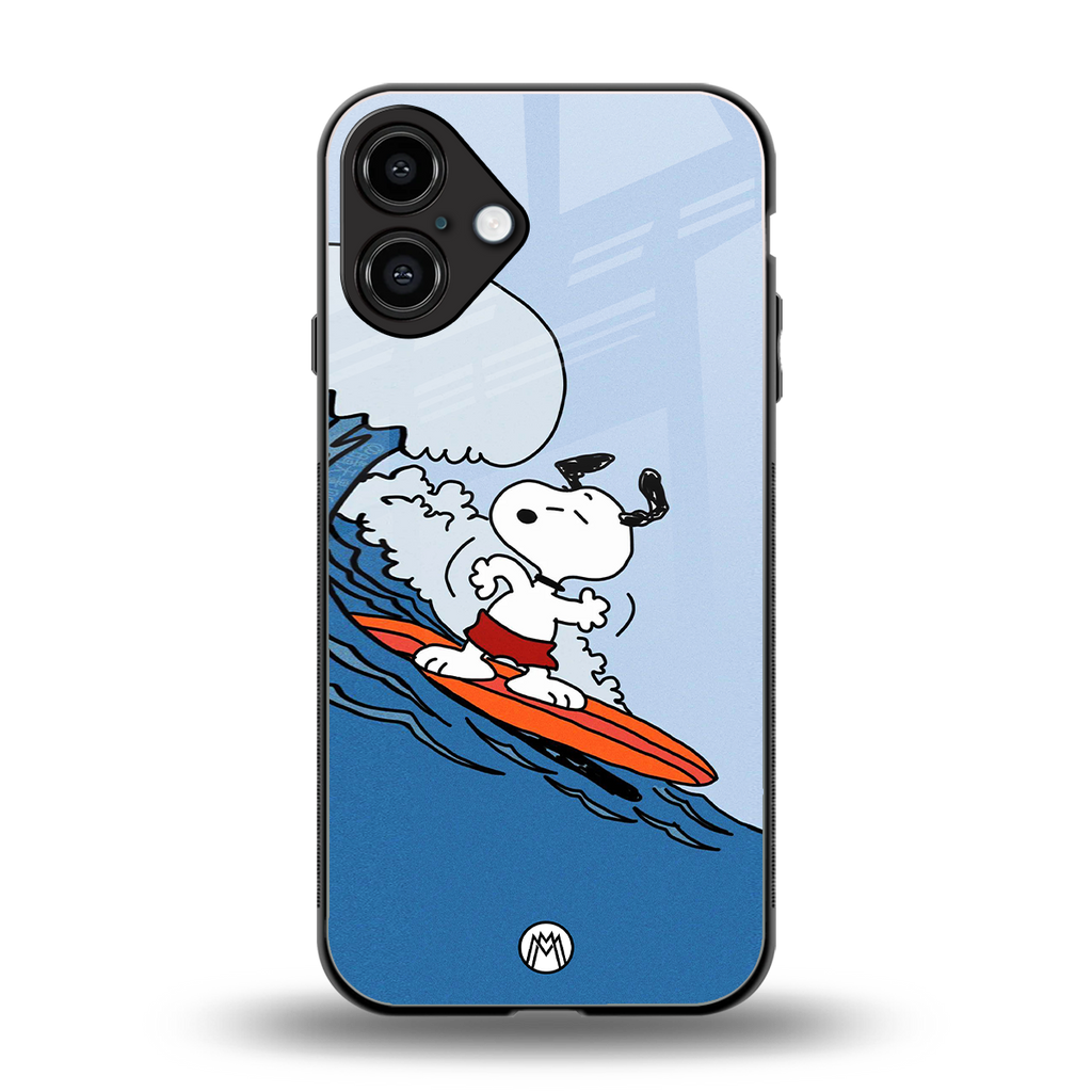 snoopy surfing back phone cover | glass case for iphone 16 plus