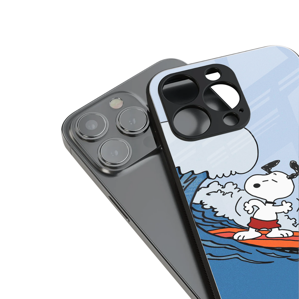 snoopy surfing back phone cover | glass case for iphone 16 pro max