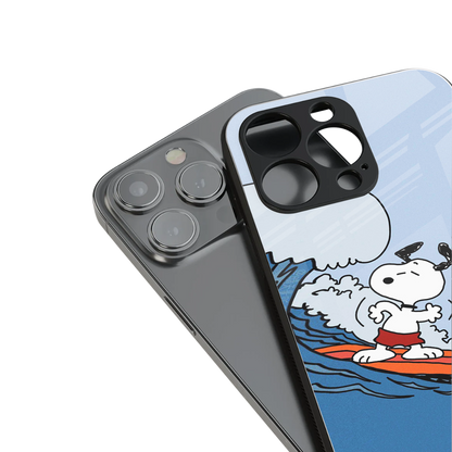 snoopy surfing back phone cover | glass case for iphone 14 pro max