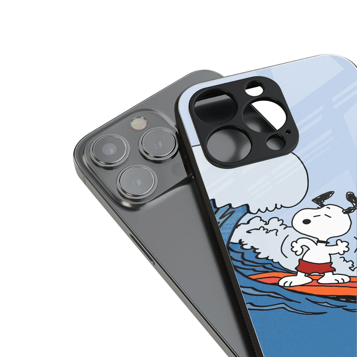 snoopy surfing back phone cover | glass case for iphone 15 plus