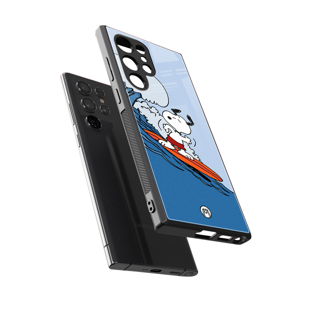 snoopy surfing back phone cover | glass case for samsung galaxy s23 ultra