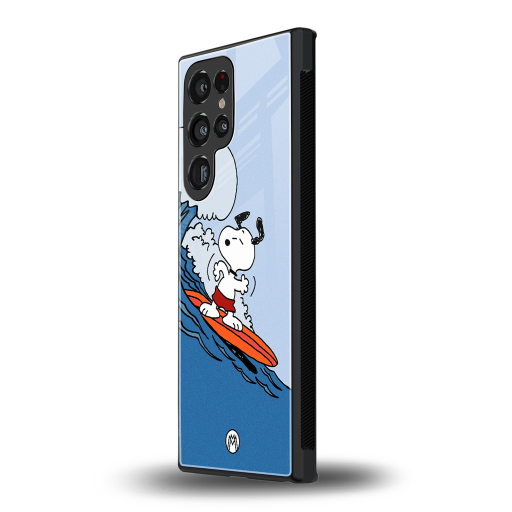 snoopy surfing back phone cover | glass case for samsung galaxy s23 ultra
