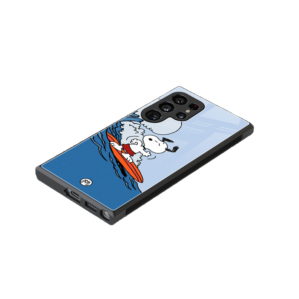 snoopy surfing back phone cover | glass case for samsung galaxy s23 ultra