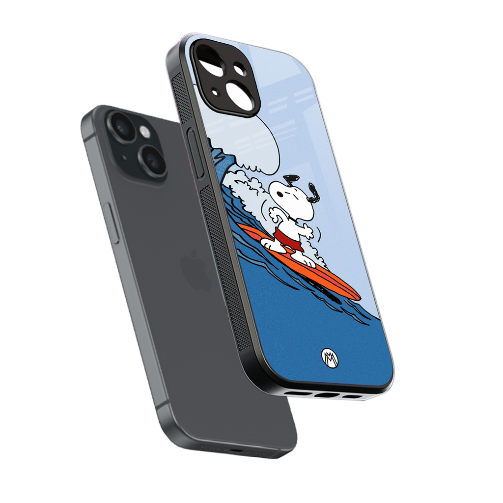 snoopy surfing back phone cover | glass case for iphone 15