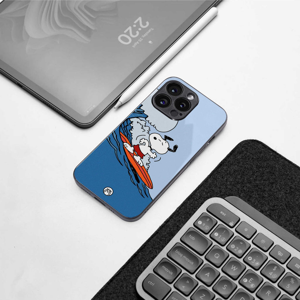 snoopy surfing back phone cover | glass case for samsung galaxy s23 ultra