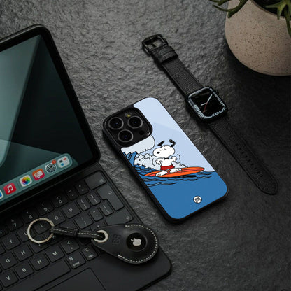 snoopy surfing back phone cover | glass case for iphone 15 pro