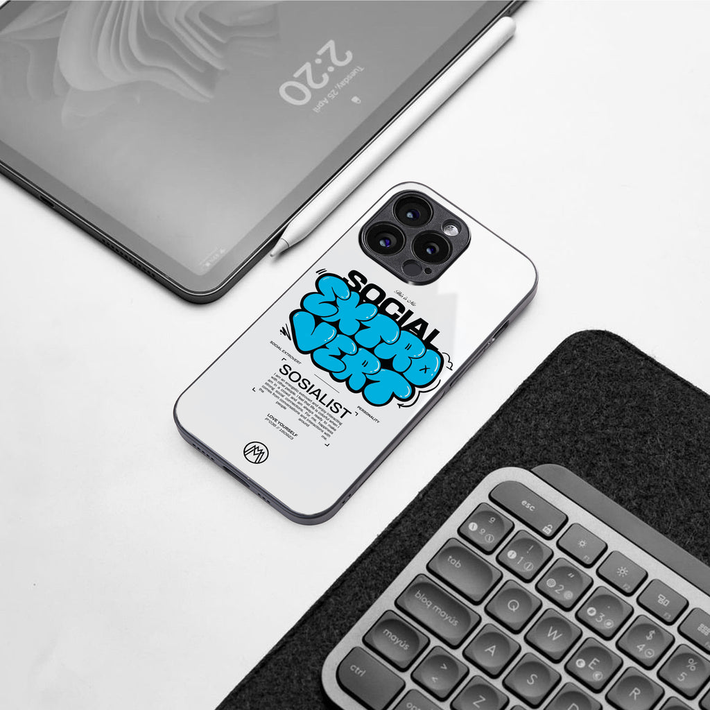 social extrovert back phone cover | glass case for iphone 15 plus