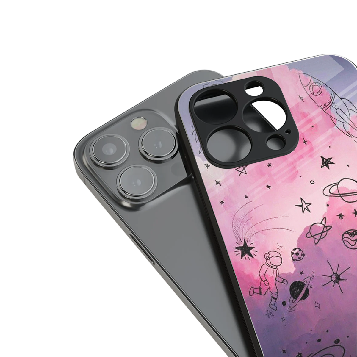 space pink aesthetic back phone cover | glass case for iphone 16 pro max