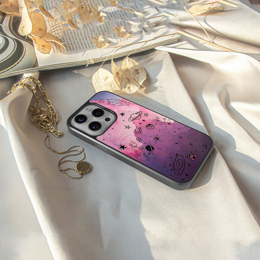 space pink aesthetic back phone cover | glass case for iphone 16 pro max