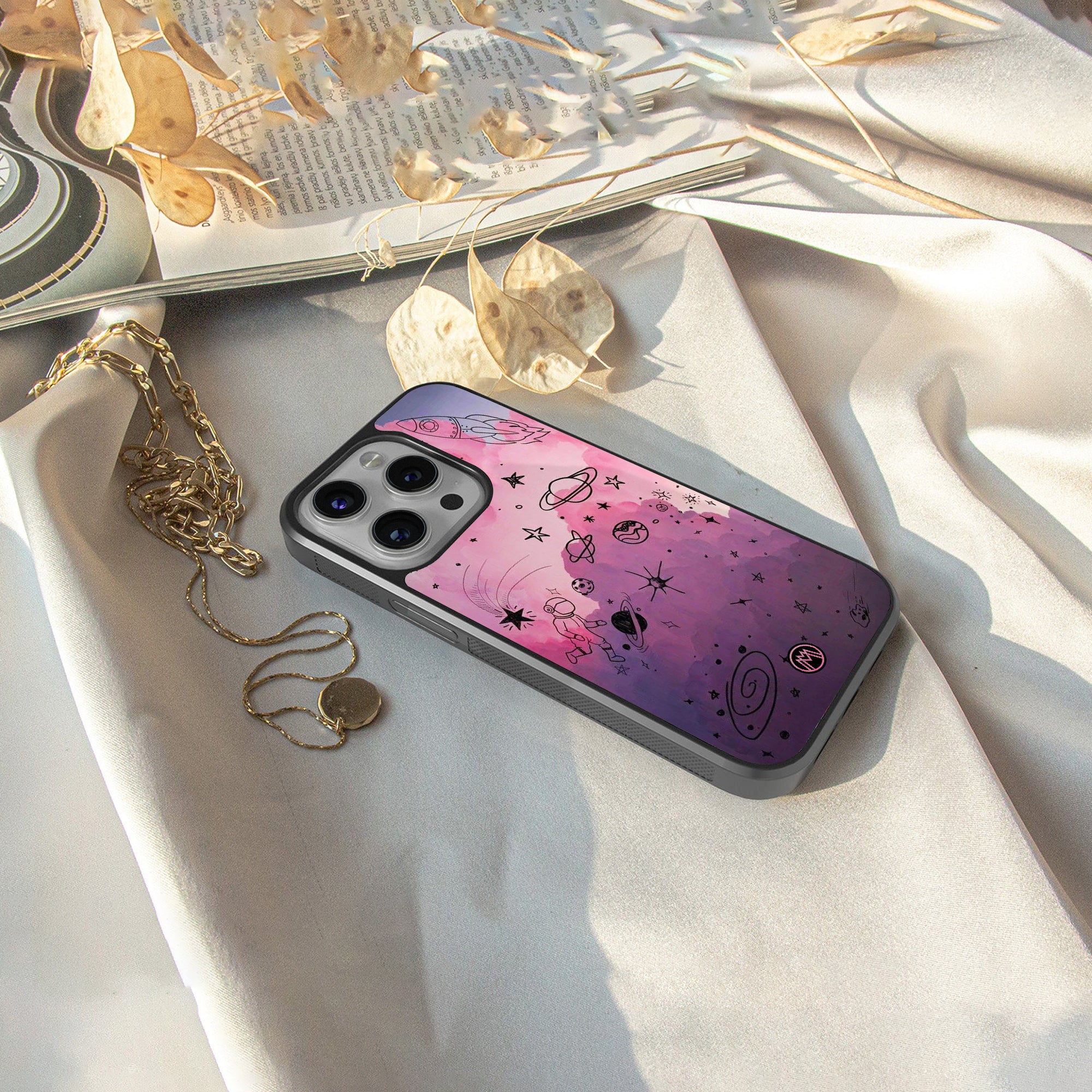space pink aesthetic back phone cover | glass case for iphone 15