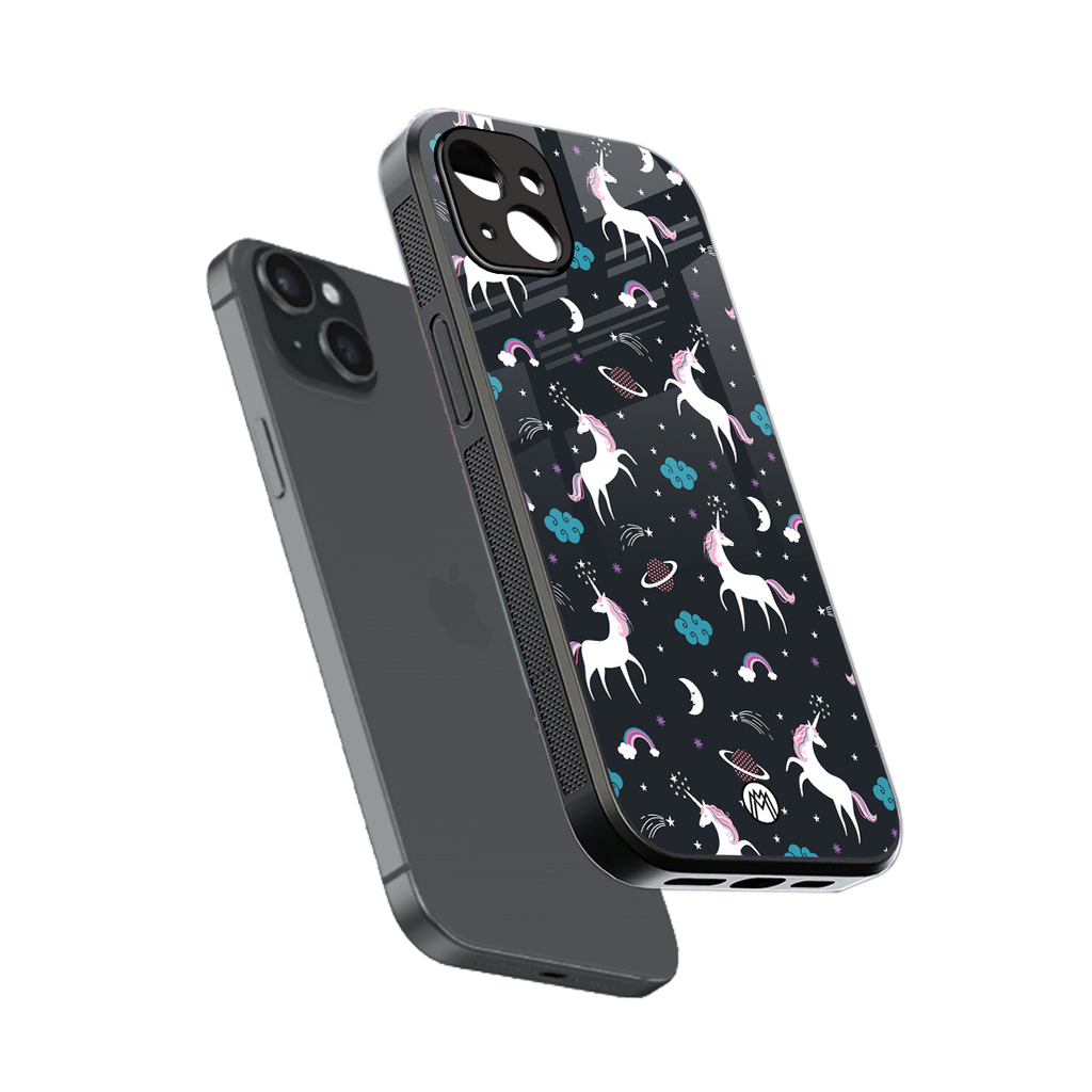 spatial unicorn galaxy back phone cover | glass case for iphone 15 plus