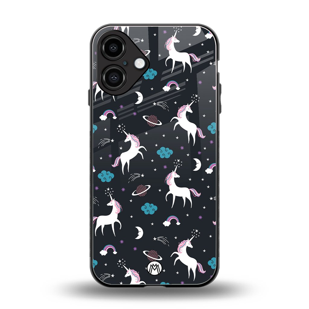 spatial unicorn galaxy back phone cover | glass case for iphone 16 plus