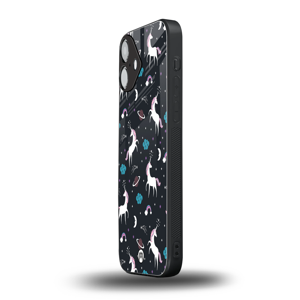 spatial unicorn galaxy back phone cover | glass case for iphone 16 plus