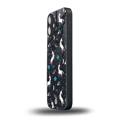 spatial unicorn galaxy back phone cover | glass case for iphone 16 plus