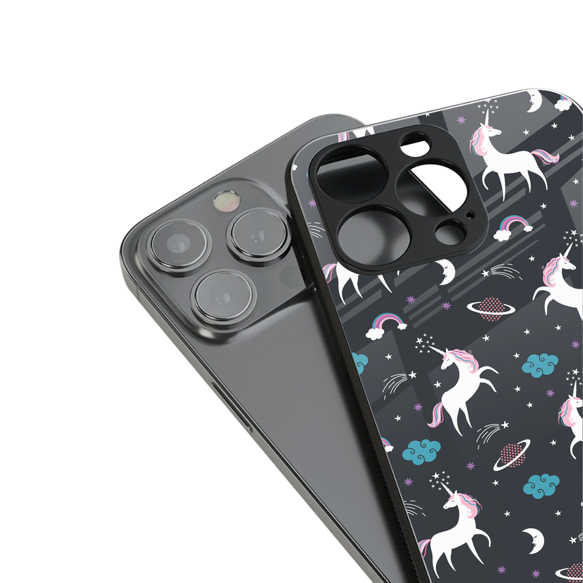 spatial unicorn galaxy back phone cover | glass case for iphone 14 pro max