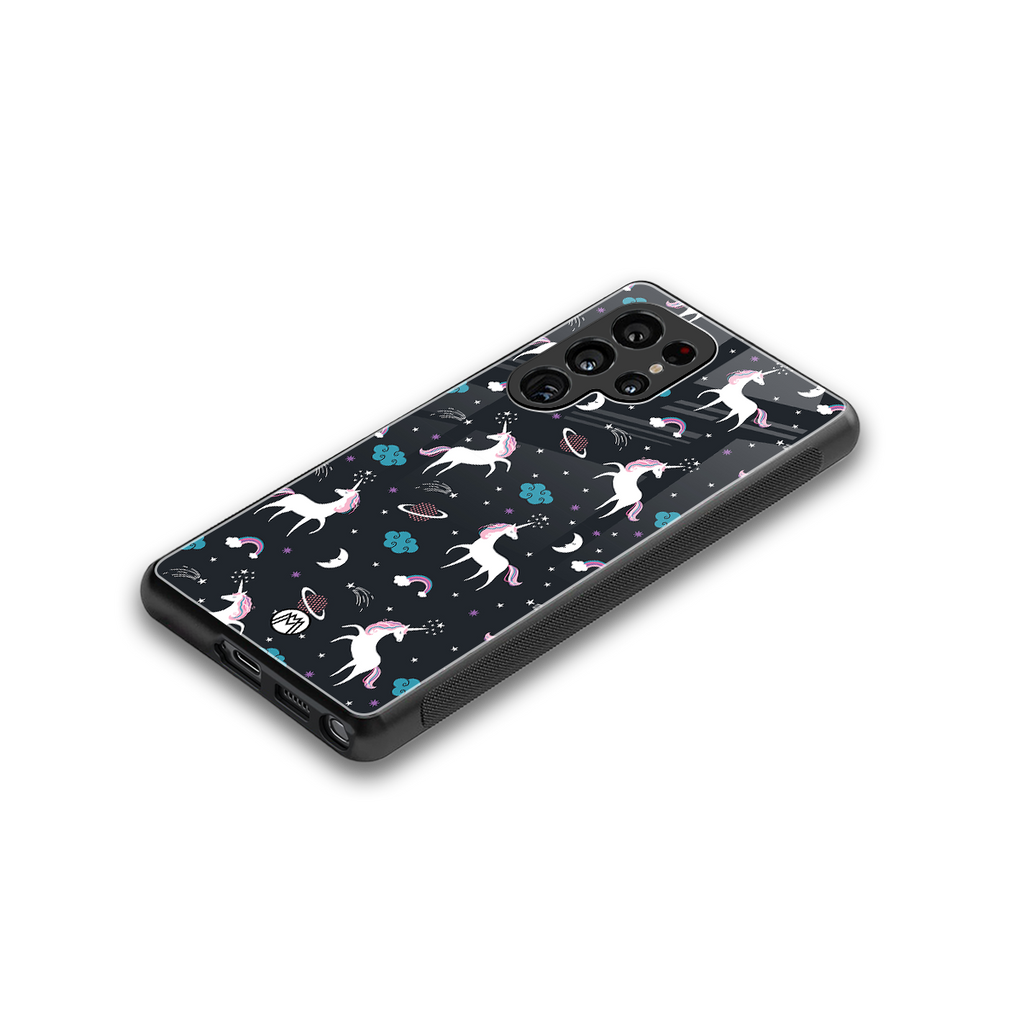 spatial unicorn galaxy back phone cover | glass case for samsung galaxy s25 ultra