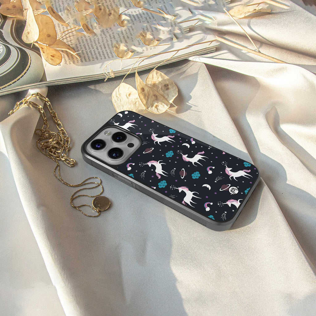 spatial unicorn galaxy back phone cover | glass case for iphone 14 pro max
