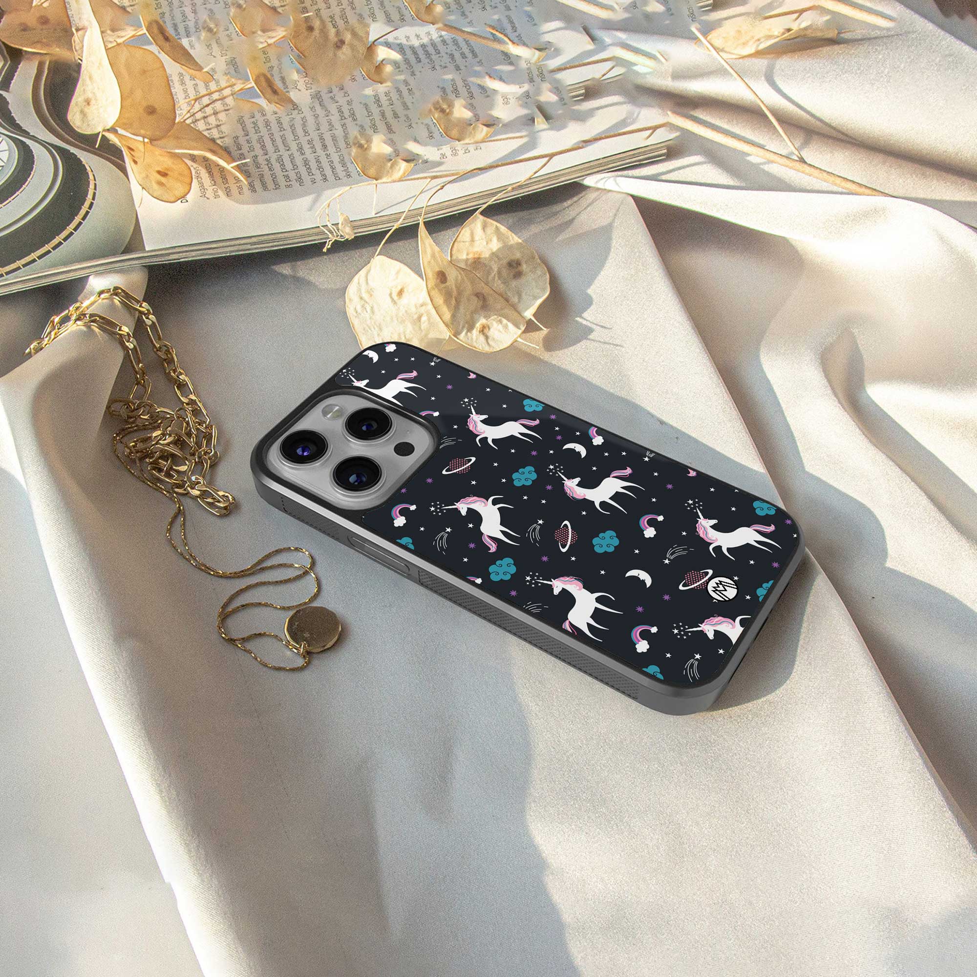 spatial unicorn galaxy back phone cover | glass case for iphone 14 pro max